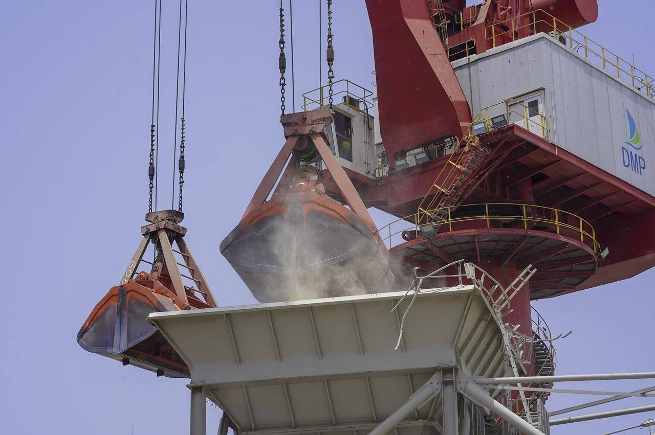 Grain is lifted out of the Brave Commander bulk carrier ship as it sits docked in the port of Djibouti city, Djibouti Tuesday, Aug. 30, 2022. The first ship carrying grain from Ukraine for people in the hungriest parts of the world has docked at the Horn of Africa port of Djibouti as areas of East Africa are badly affected by deadly drought and conflict. (Claire Nevill/WFP via AP)