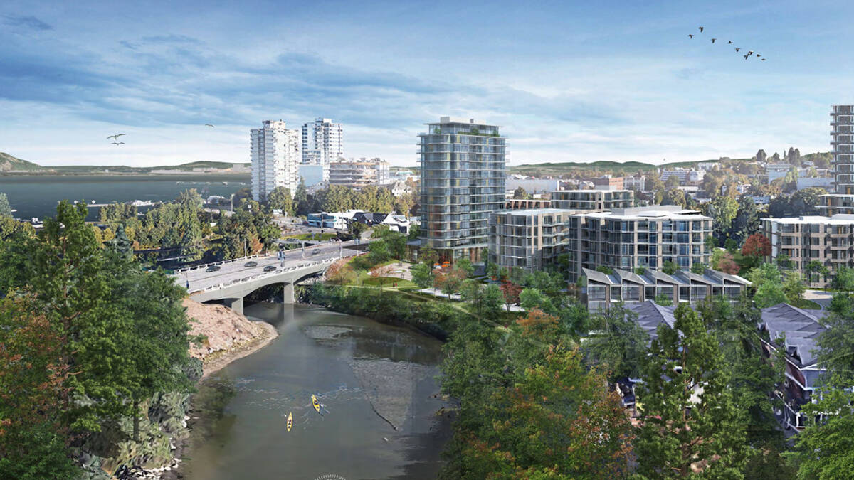 A rendering of potential building massing of proposed redevelopment of the current Howard Johnson Harbourside Hotel site on Comox Road, Terminal Avenue and Mill Street. (D’Ambrosio Architecture and Urbanism image)
