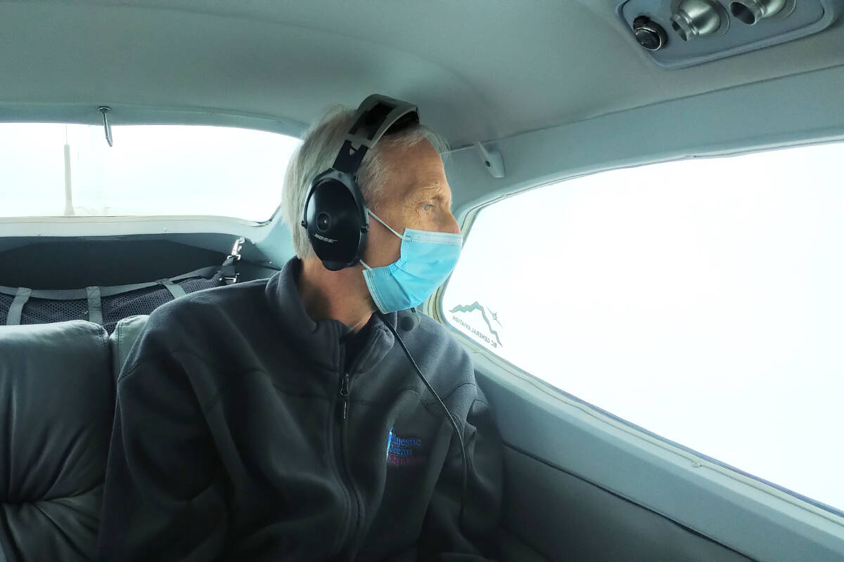 Ted Eeftink of Ucluelet gazes out the window of Angel Flight pilot Bruce Burley’s Cessna C210) on the way to Boundary Bay Airport and cancer treatment in Vancouver. (PHOTO COURTESY BRUCE BURLEY)