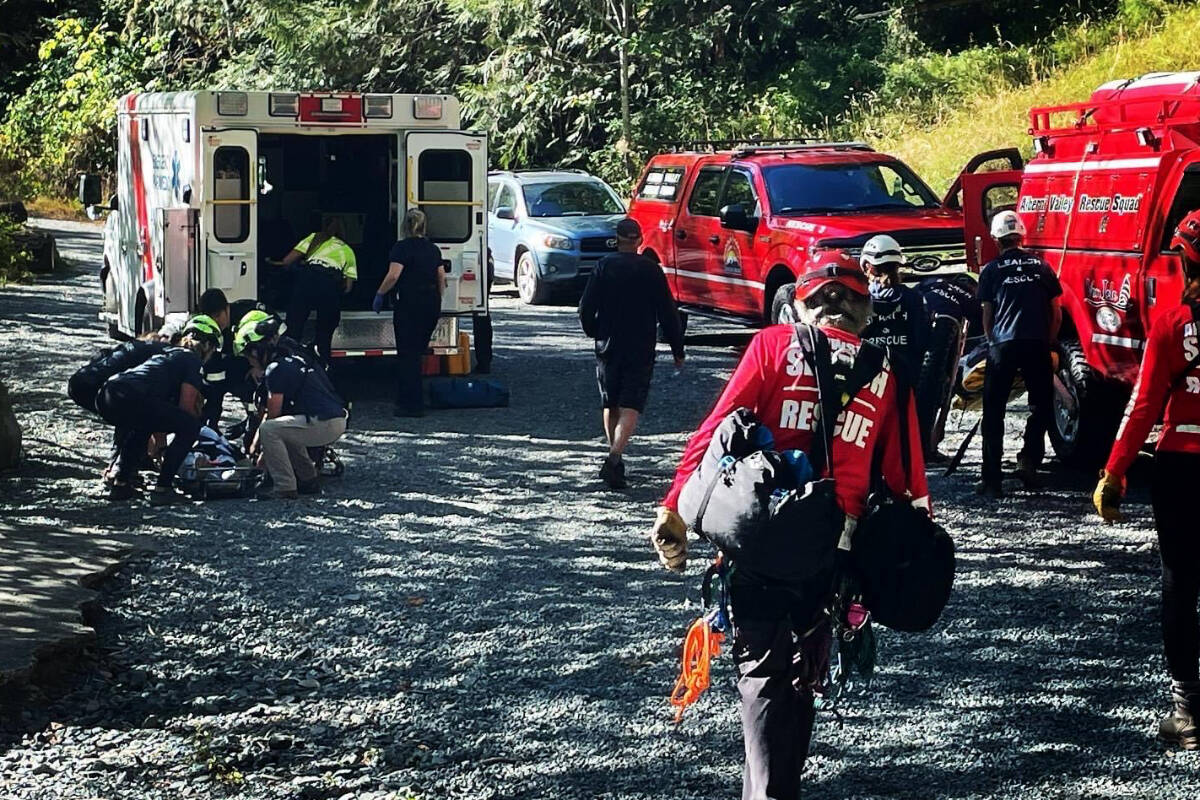 First responders from BC EHS, Port Alberni Fire Department and Alberni Valley Rescue Squad retrieve a woman who had fallen around 30 metres at Stamp River Provincial Park on Monday, Sept. 5, 2022. (ALBERNI VALLEY RESCUE SQUAD PHOTO)