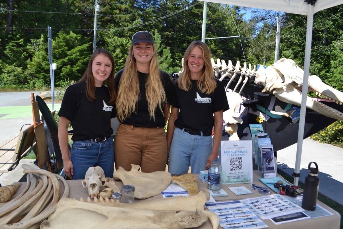 SIMRS executive director/marine biologist Karyssa Arnett, centre, with summer intern Amanda Purnell, left, and program coordinator/biologist Sophie Vanderbanck get ready for a Build-A-Whale event where participants help construct the skeleton of an offshore killer whale. (Nora O’Malley photo)