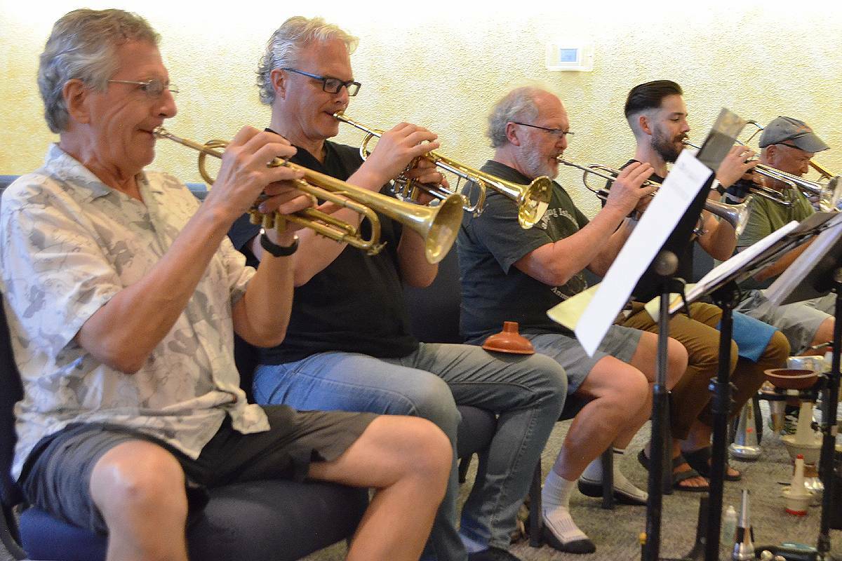 Greg Bush, left, Dean Boland, Derrick Milton, David Bamford and Paul Nuez rehearsing at the Christ Community Church on Bowen Rd. on Sept. 6 in preparation for the Nanaimo International Jazz Festival’s presentation of ‘Disney Digs D’Jazz.’ (Mandy Moraes/News Bulletin)