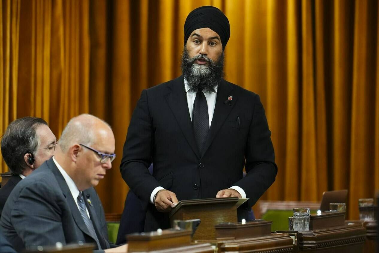 NDP Leader Jagmeet Singh pays tribute to Queen Elizabeth in the House of Commons on Parliament Hill in Ottawa on Thursday, Sept. 15, 2022. NDP Leader Jagmeet Singh says his party was willing to be flexible on the first phase of the government's dental-care plans, but the NDP will bend no further. THE CANADIAN PRESS/Sean Kilpatrick
