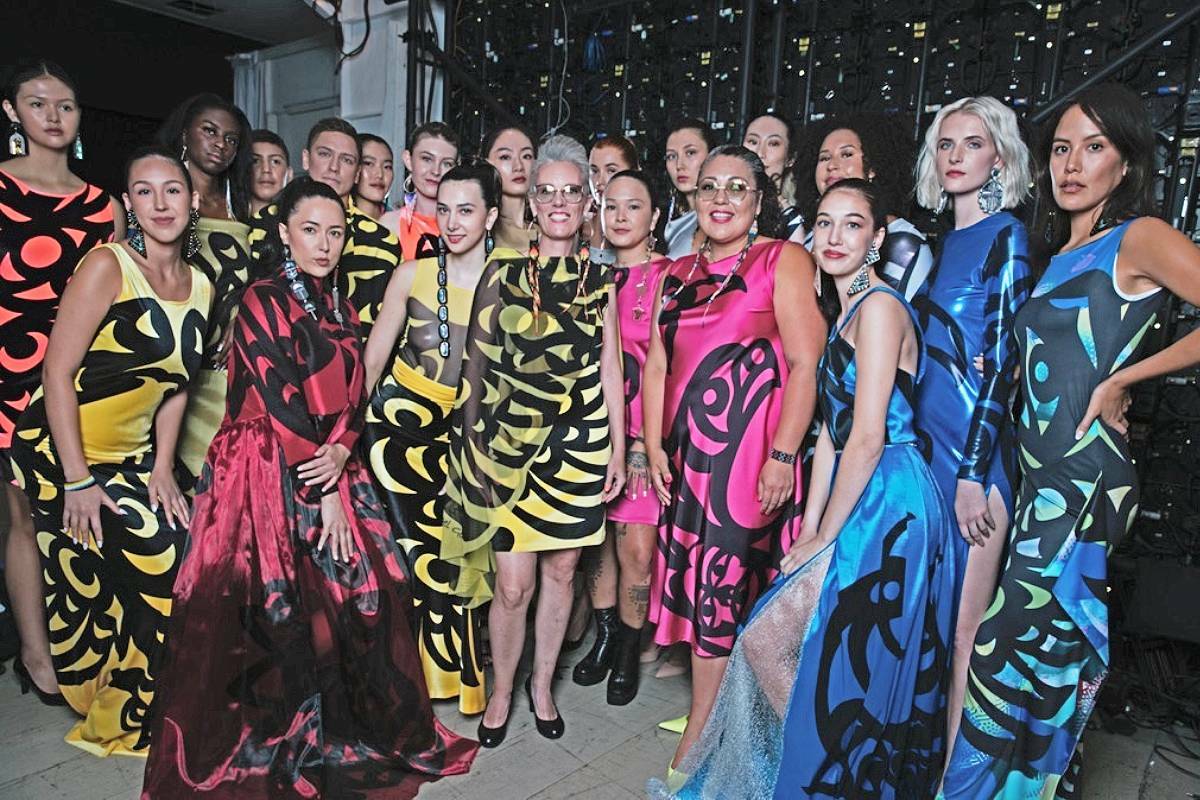 Backstage group shot at New York Fashion Week that featured Nanaimo’s Ay Lelum. Aunalee Boyd-Good and Sophia Seward-Good, centre, debuted their Transformation line on Sept. 11. (Photo by Tony Leung Fashion Nomad)