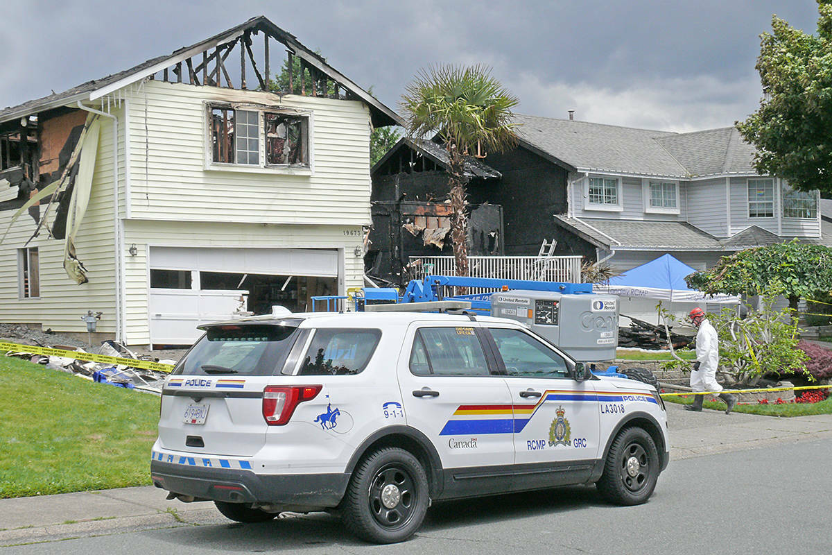 RCMP were dispatched to this Langley house after a non-emergency police call turned into a plea for help on June 13, 2020. Three people were discovered dead. On Tuesday, Sept. 20, the trial of Kia Ebrahimian got underway. He is charged with the deaths of his sibling, Befrin Ebrahimian, their mother, Tatiana Bazyar, and Bazyar’s common-law husband, Francesco Zangrilli. (Langley Advance Times file)