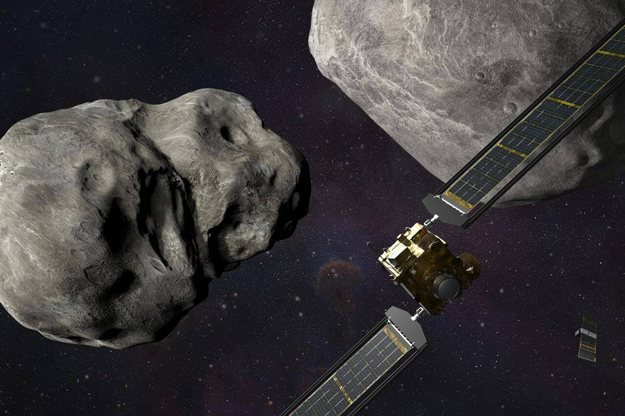 This illustration made available by Johns Hopkins APL and NASA depicts NASA’s DART probe, foreground right, and Italian Space Agency’s (ASI) LICIACube, bottom right, at the Didymos system before impact with the asteroid Dimorphos, left. DART is expected to zero in on the asteroid Monday, Sept. 26, 2022, intent on slamming it head-on at 14,000 mph. The impact should be just enough to nudge the asteroid into a slightly tighter orbit around its companion space rock. (Steve Gribben/Johns Hopkins APL/NASA via AP)