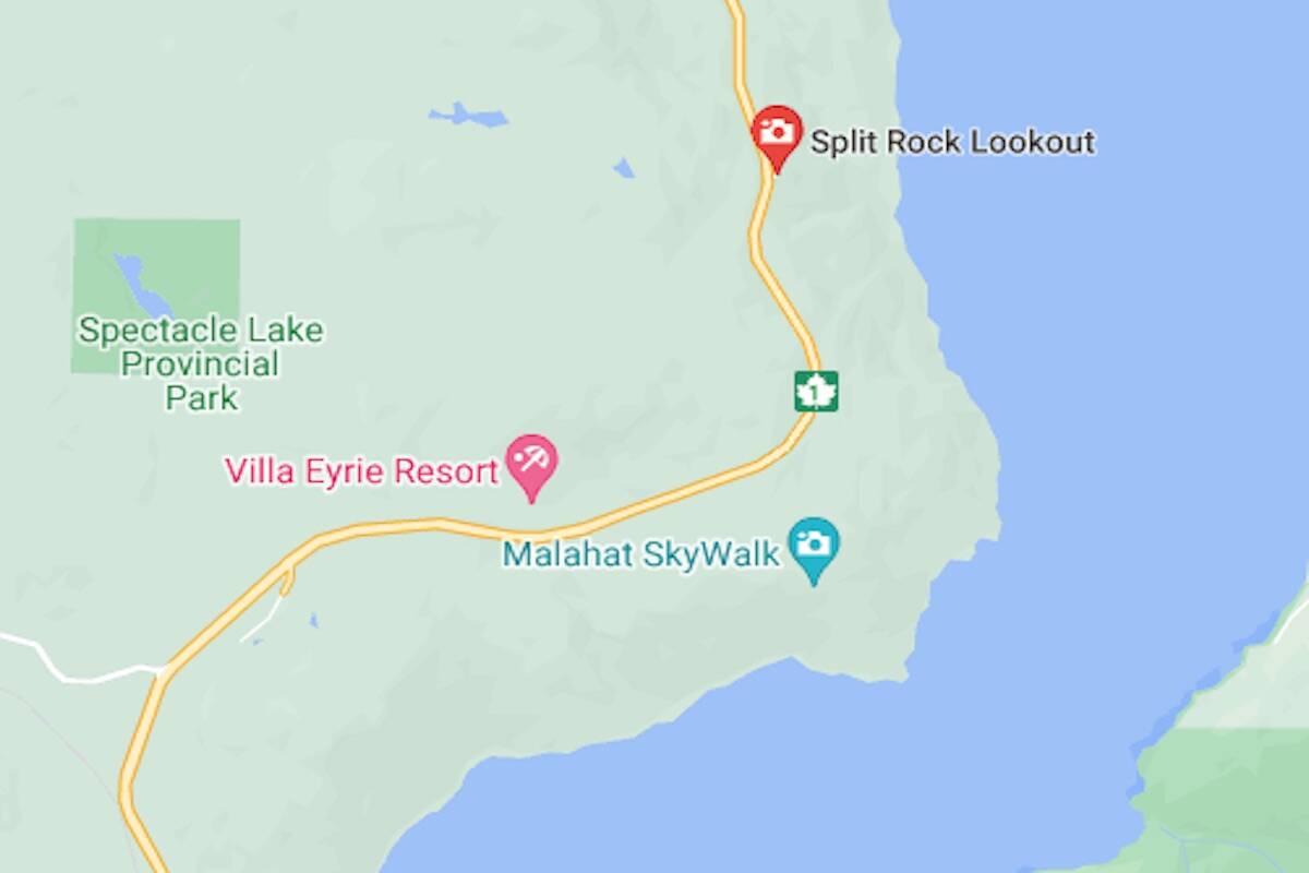 A vehicle fell 200 to 300 feet off the Malahat near Split Rock on Sept. 25. (Google Maps)