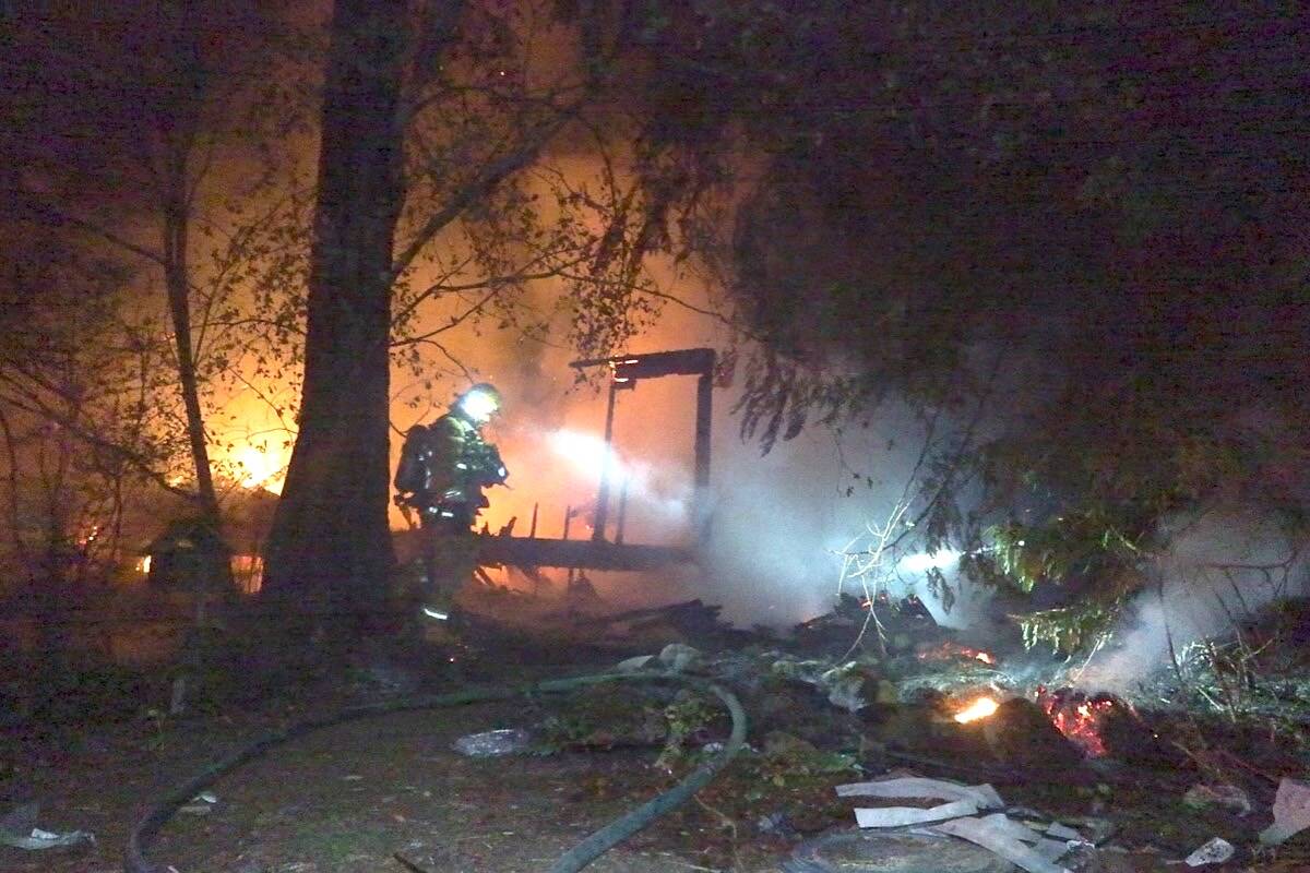 A house burned to the ground in the early morning hours Monday at Langlois Road. Photo courtesy CTV News Vancouver Island