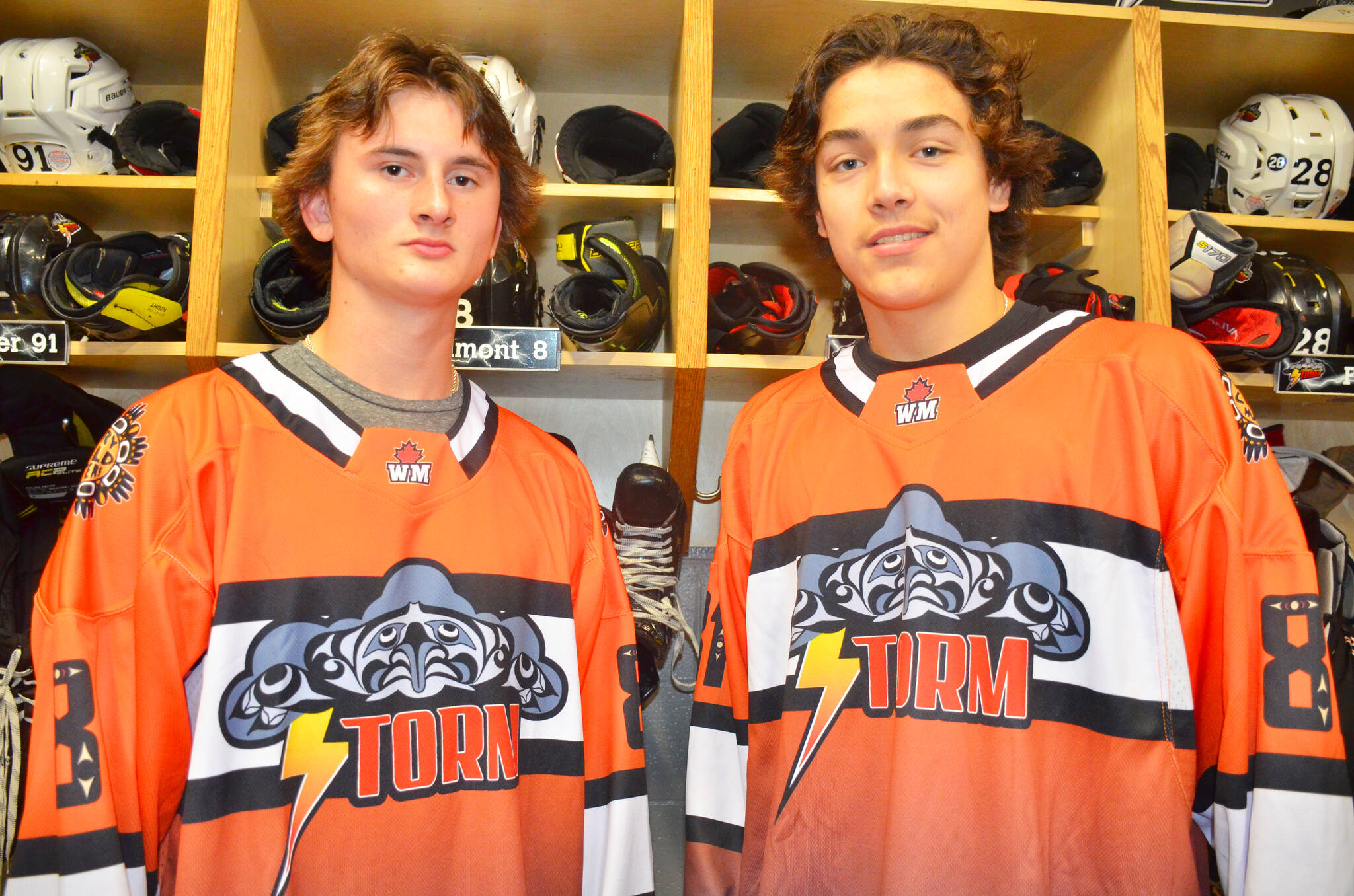 Sporting the Campbell River Storm’s new third jersey that commemorates National Day for Truth and Reconciliation Day are two Storm players of First Nations heritage, Wyatt Dumont (left) and Brady Estabrook. The duo and their teammates will be wearing the jerseys on Friday, Sept. 30 National Day for Truth and Reconciliation. Photo by Alistair Taylor/Campbell River Mirror