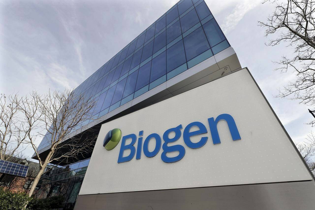 FILE — The Biogen Inc., headquarters is shown March 11, 2020, in Cambridge, Mass. Shares of Biogen and other drugmakers researching Alzheimer’s disease soared early Wednesday, Sept. 28, 2022, after Japan’s Eisai Co. said its potential treatment appeared to slow the fatal disease’s progress in a late-stage study. Eisai announced results late Tuesday from a global study of nearly 1,800 people with early-stage Alzheimer’s (AP Photo/Steven Senne, File)