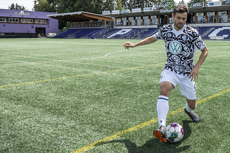 Pacific FC players will be wearing their alternate kit tonight, featuring a design by Indigenous artist Maynard Johnny Jr. The match will follow a special Orange Shirt Day Ceremony, which starts at 6:45 p.m. at Starlight Stadium. (Lia Crowe photograph)