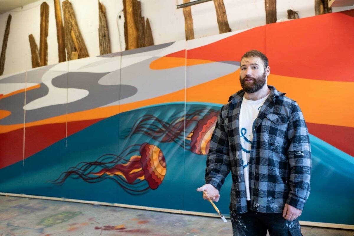 Local artist Jesse Campbell is leading the painting of a mural adjacent to Layritz Park’s soccer turf field in Saanich. (Courtesy District of Saanich)