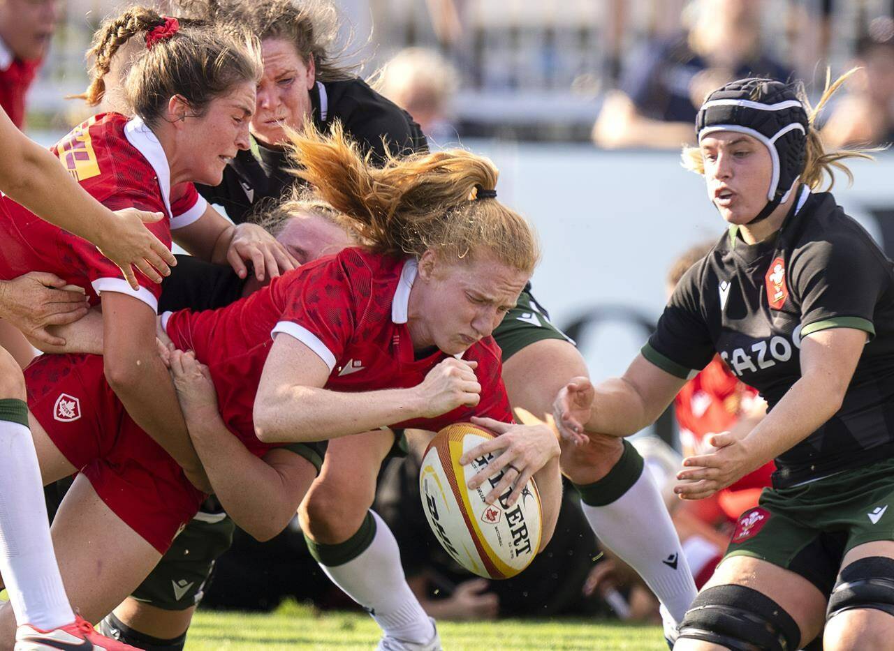 Canada’s Paige Farries scores a try in Senior Women’s 15s test match rugby first half action against Wales in Halifax on Saturday, August 27, 2022. THE CANADIAN PRESS/Andrew Vaughan
