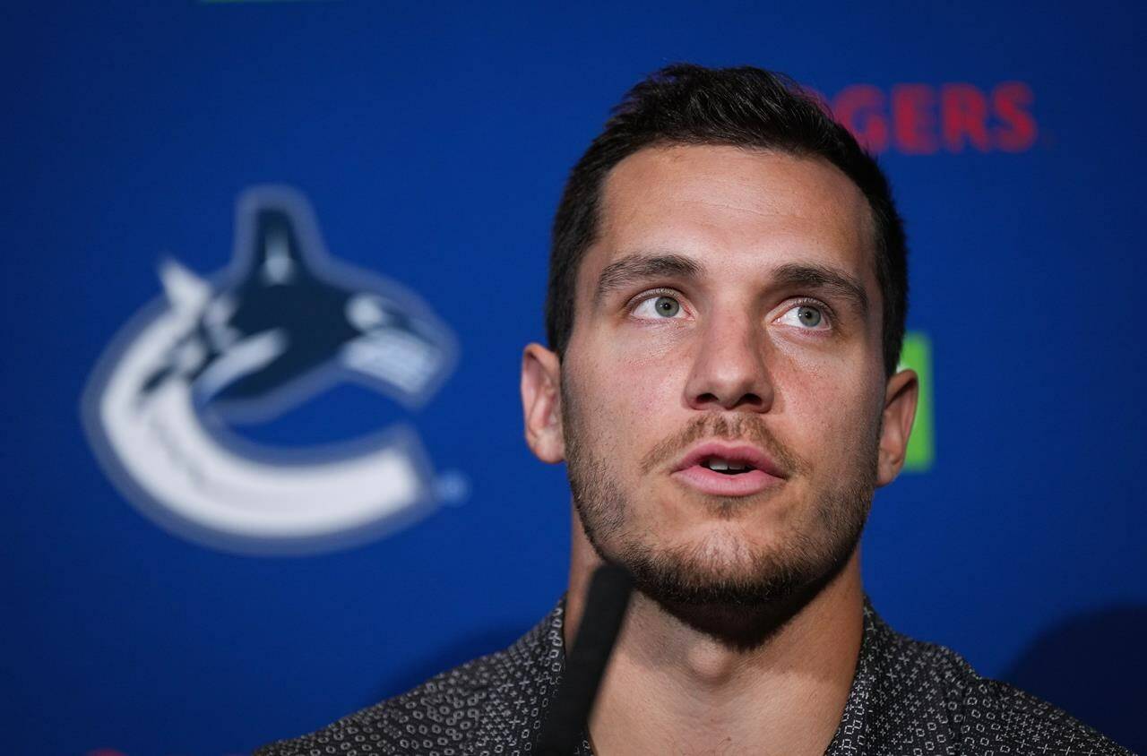 Vancouver Canucks’ Bo Horvat responds to questions during a news conference ahead of the NHL hockey team’s training camp in Vancouver, B.C. on Wednesday, Sept. 21, 2022. Last year, the club finished five points shy of a playoff spot with a 40-30-12 record.
This year needs to be different, said captain Horvat. THE CANADIAN PRESS/Darryl Dyck