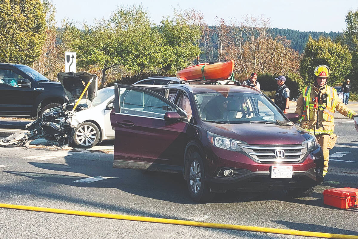 Two people were taken to hospital, one of them in an air ambulance, following a crash Oct. 7 at the intersection of the Trans-Canada Highway and Roberts Street. (Duck Paterson photo)