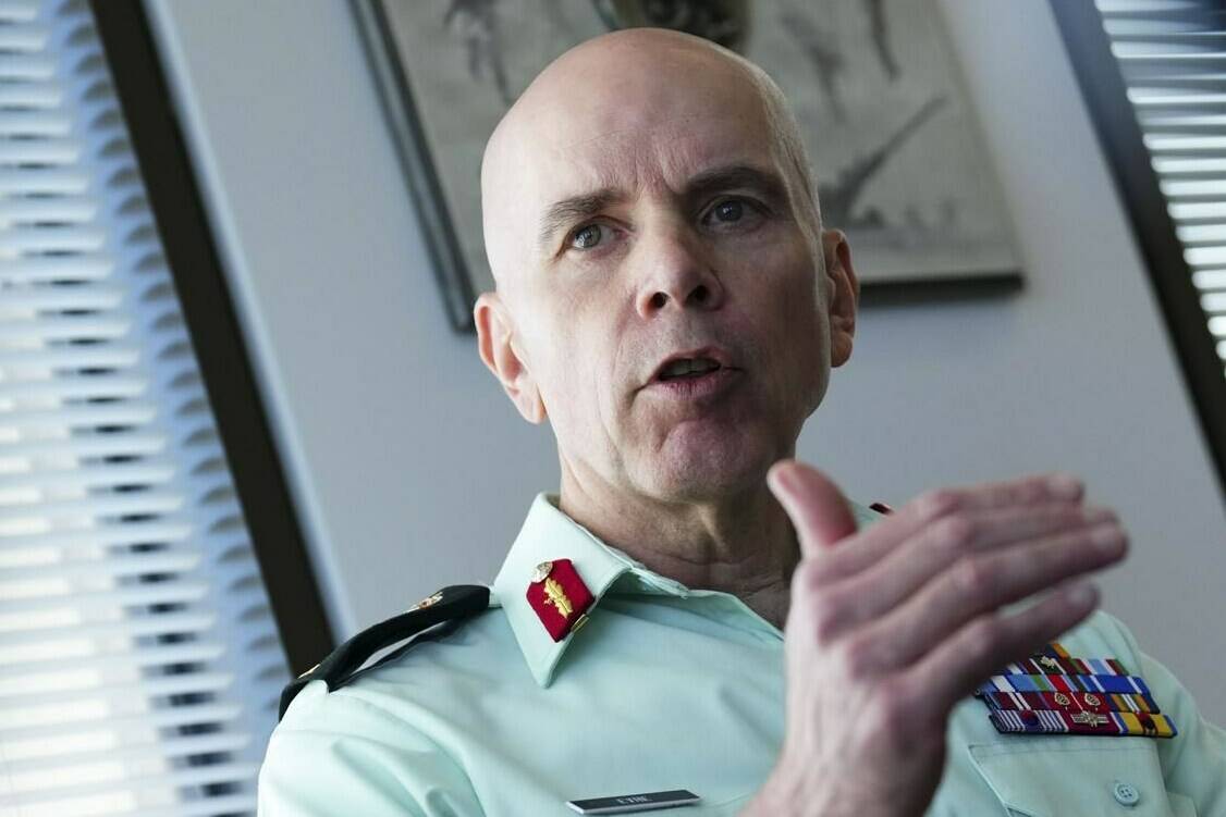 Chief of the defence staff Gen. Wayne Eyre takes part in an interview at Defence Headquarters in Ottawa on Tuesday, Oct. 11, 2022. Eyre says the military will press ahead with plans to kick out dozens of unvaccinated troops despite changes to its COVID-19 vaccine mandate.THE CANADIAN PRESS/Sean Kilpatrick