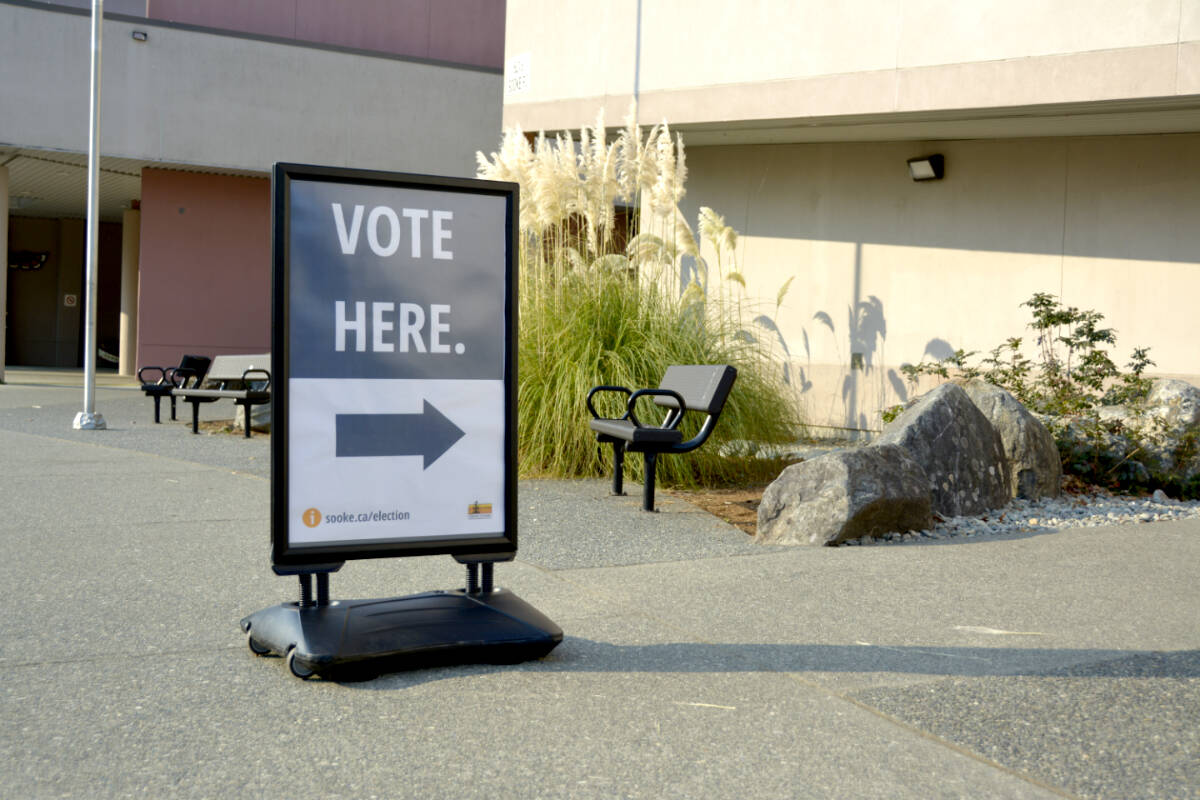 The Sooke polling station at Edward Milne Community School has experienced backups as voters wait to cast their ballots electronically throughout the day. (Sooke News Mirror)