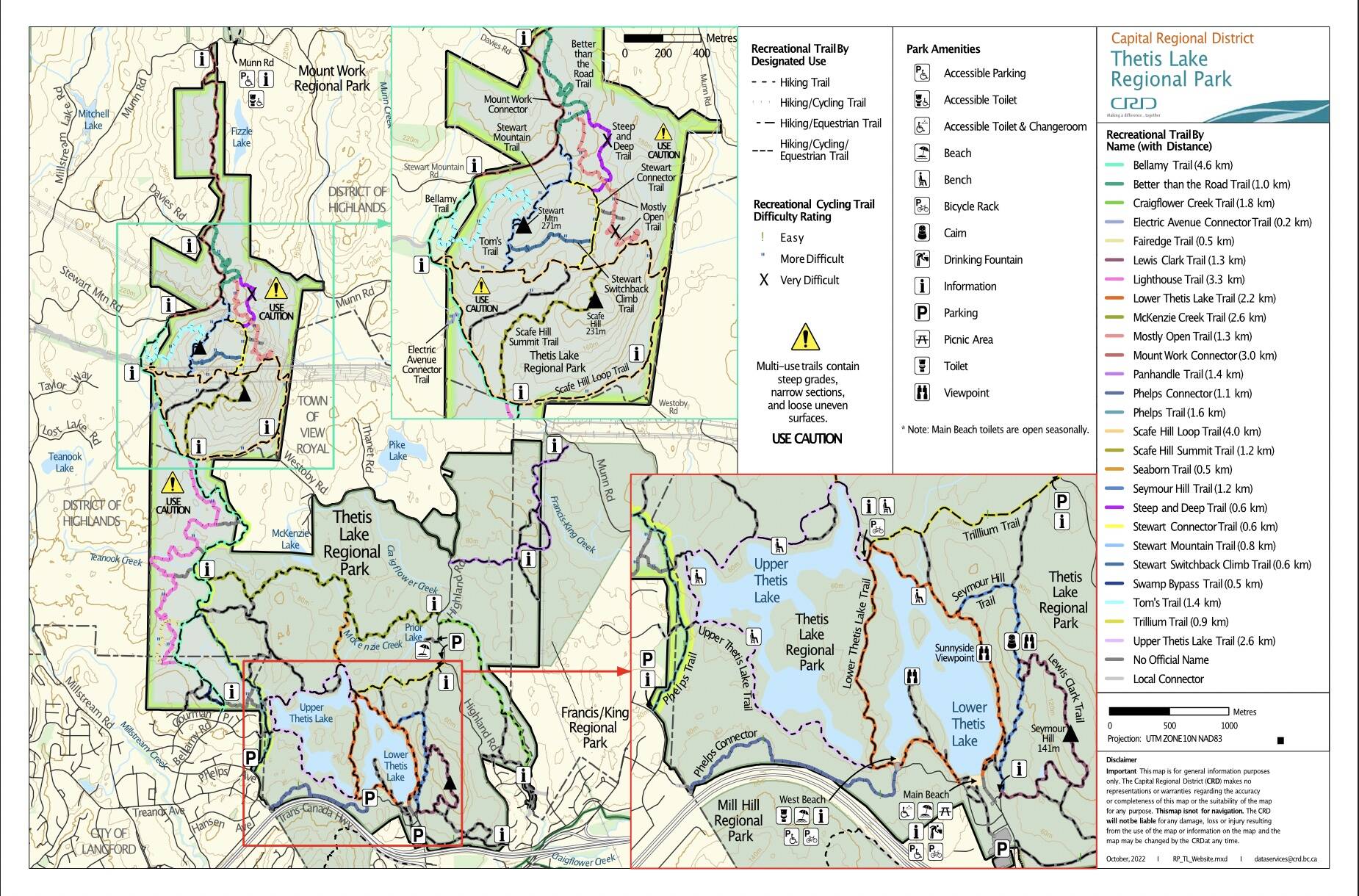 Updated map of Thetis Lake Park including new designated and rated trails as of Oct. 18. (Courtesy CRD)