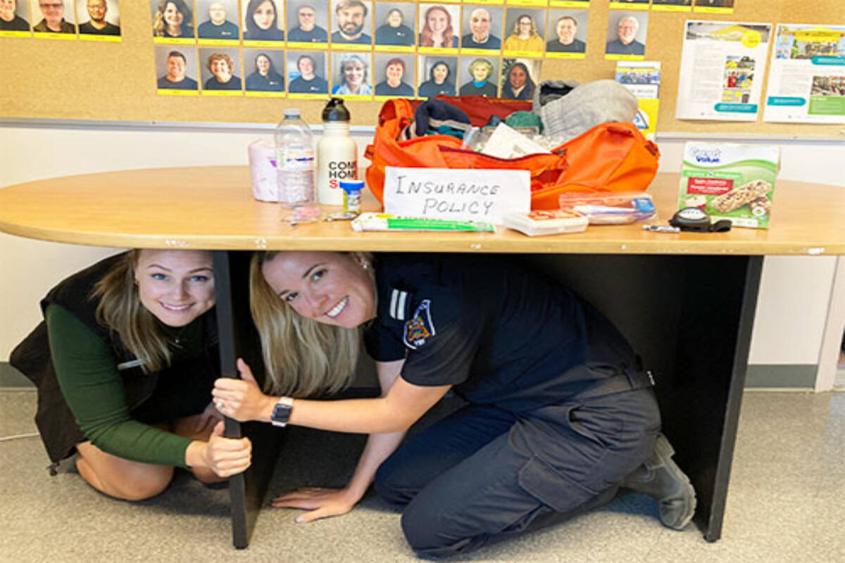 Saanich Emergency Program staff practice earthquake safety. (Courtesy Saanich Fire Department)