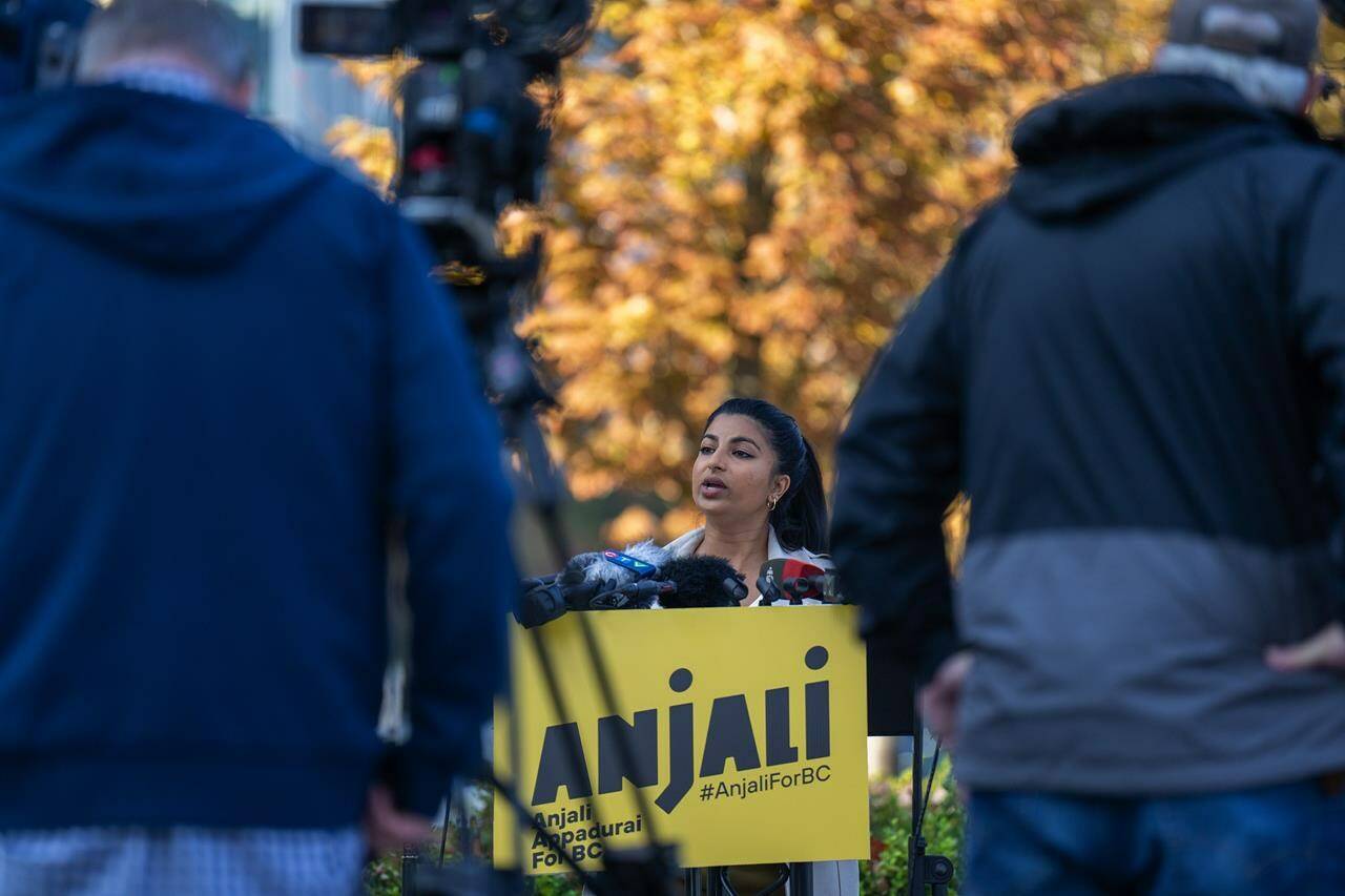 B.C. NDP leadership candidate Anjali Appadurai addresses the media during a news conference in downtown Vancouver, Wednesday, October 19, 2022. THE CANADIAN PRESS/Jonathan Hayward
