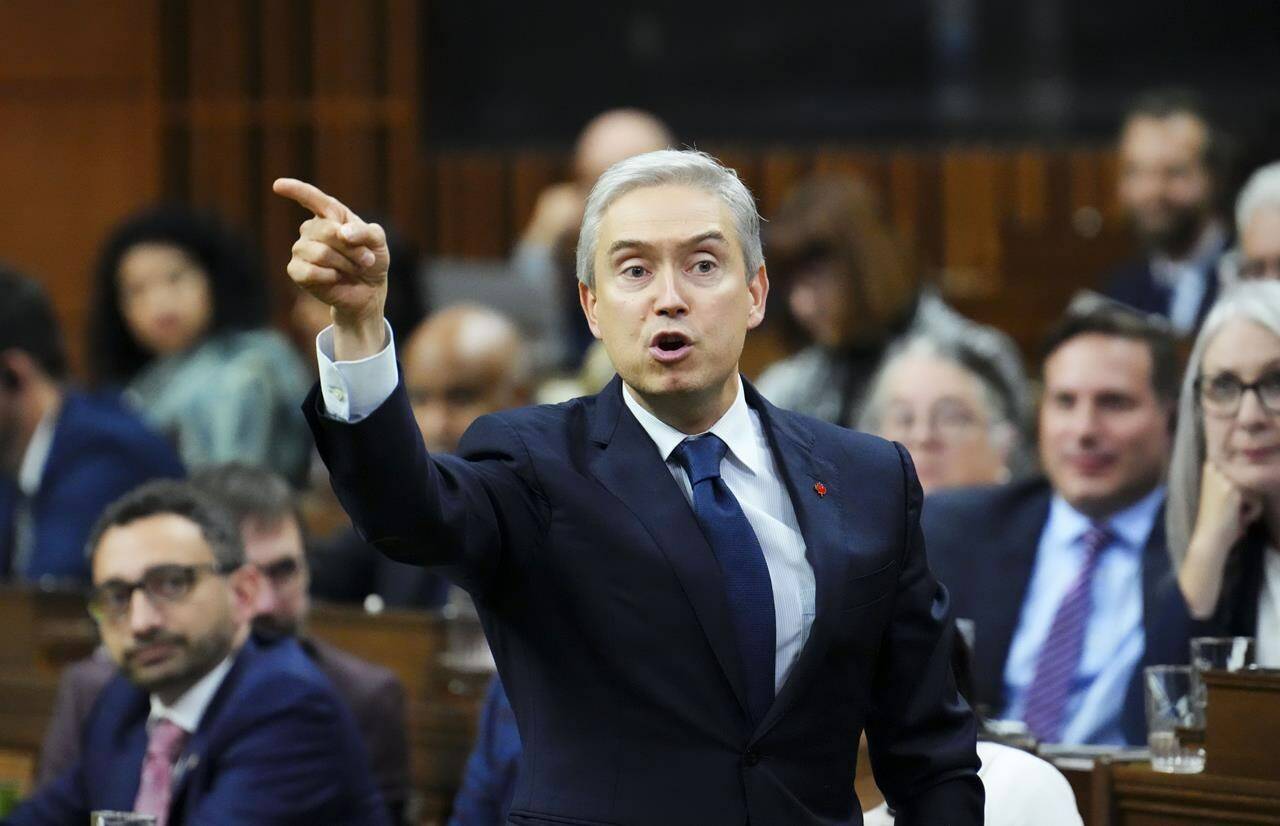 Minister of Innovation, Science and Industry Francois-Philippe Champagne stands during question period in the House of Commons on Parliament Hill in Ottawa, on Tuesday, Oct. 25, 2022. Champagne says he will not approve the proposed deal between Rogers Communications Inc. and Shaw Communications Inc., though he left the door open to a revised deal. THE CANADIAN PRESS/Sean Kilpatrick