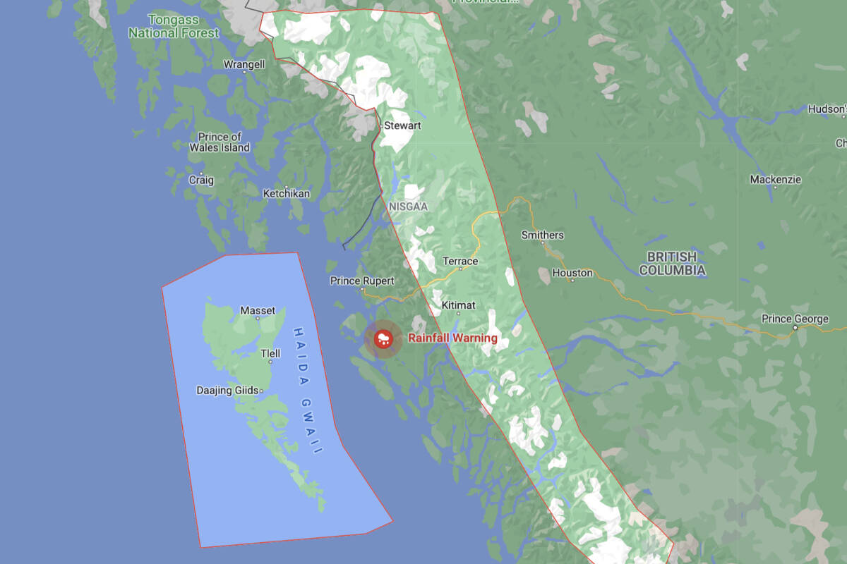 Area affected by heavy rainfall warning for North Coast, Central Coast, Coastal Inland and Haida Gwaii. (Environment Canada graphic)
