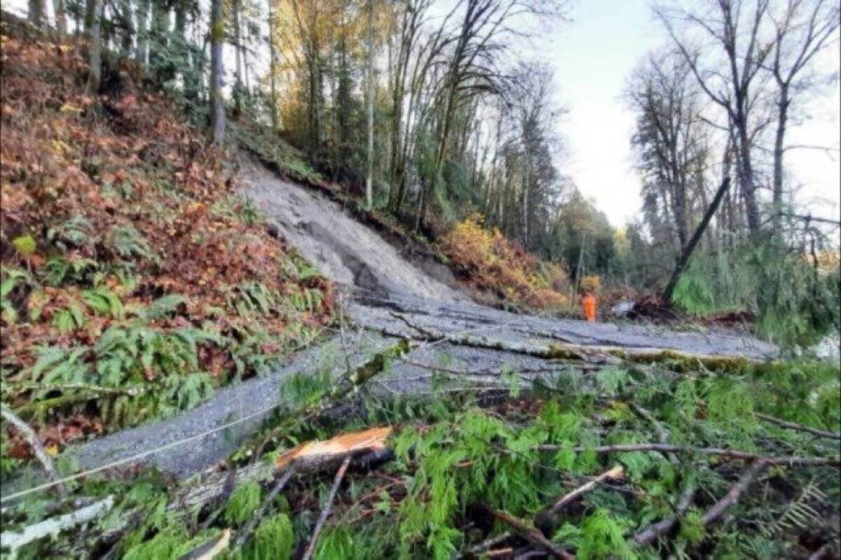 There is still no word on when Allenby Road will reopen after a landslide last November saw the road closed between Miller and Boys Roads. (Emcon Services photo/Twitter)