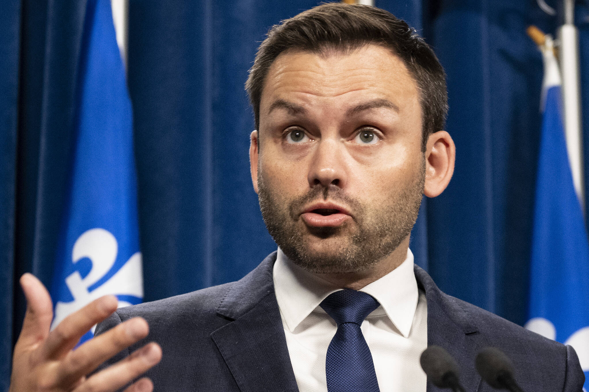 Parti Quebecois Leader Paul St-Pierre Plamondon speaks at a news conference, Monday, October 17, 2022 at the legislature in Quebec City. St-Pierre Plamondon told reporters he didnt want to swear an oath to King Charles III. THE CANADIAN PRESS/Karoline Boucher