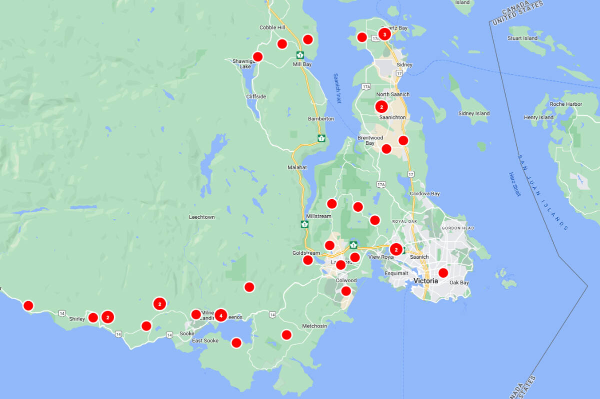 BC Hydro’s power outages map, just after 9 a.m on Saturday, Nov. 5. (BC Hydro)