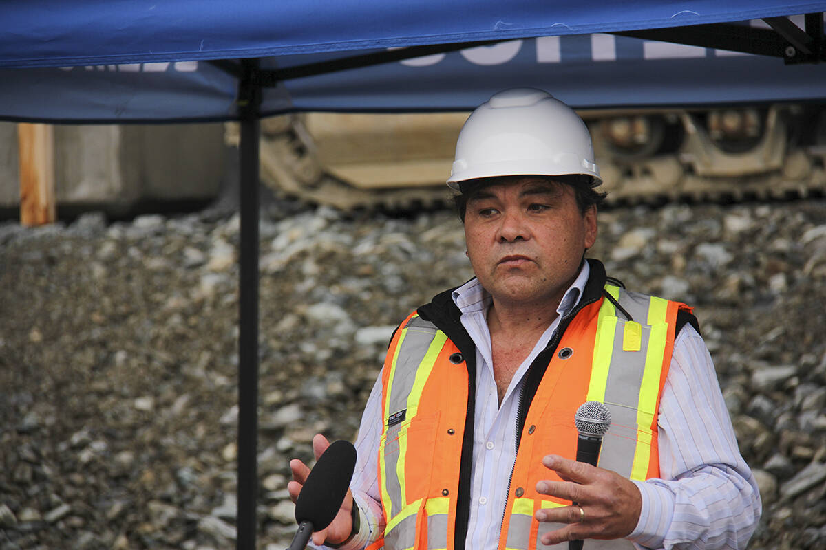 Chief Russ Chipps of Beecher Bay First Nation speaking at the groundbreaking for Centre Mountain Lellum Middle school back in November 2020. (Black Press Media file photo)