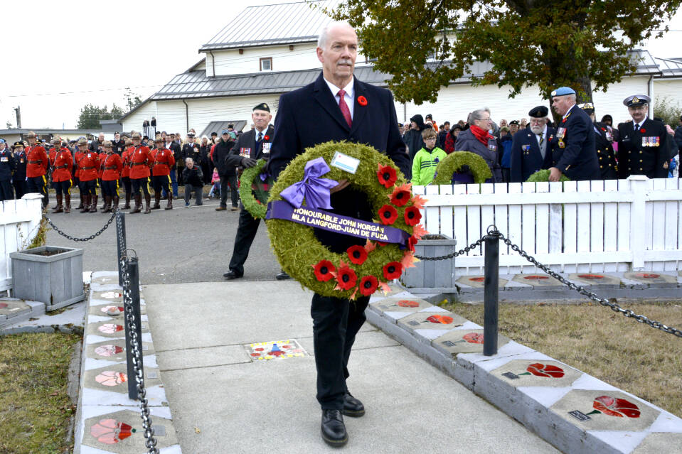 Premier John Horgan was one of the many dignitaries that laid a wreath at the cenotaph on Remembrance Day in Sooke. (Kevin Laird - Sooke News Mirror)