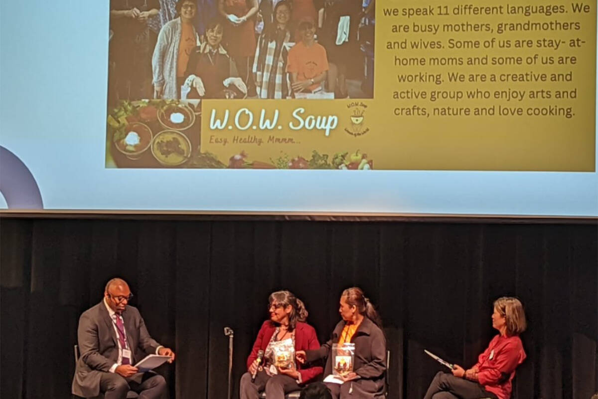 Karina Gomez and Nok Hutawatthana present The Women of the World (W.O.W.) Soup to DIVERSEcity. (Courtesy of Camosun College Facebook)
