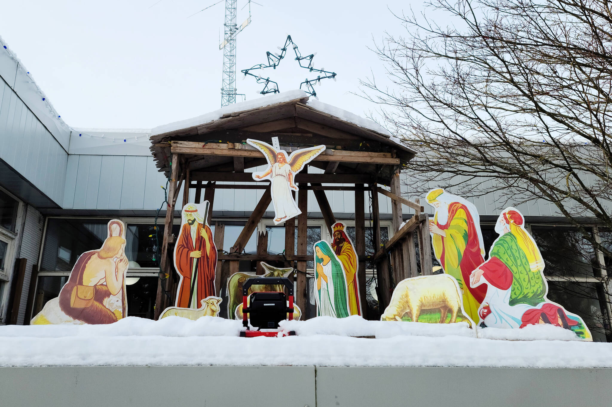 The Knights of Columbus annual nativity scene atop Terrace City Hall on Dec. 14, 2021. (Ben Bogstie/Terrace Standard)