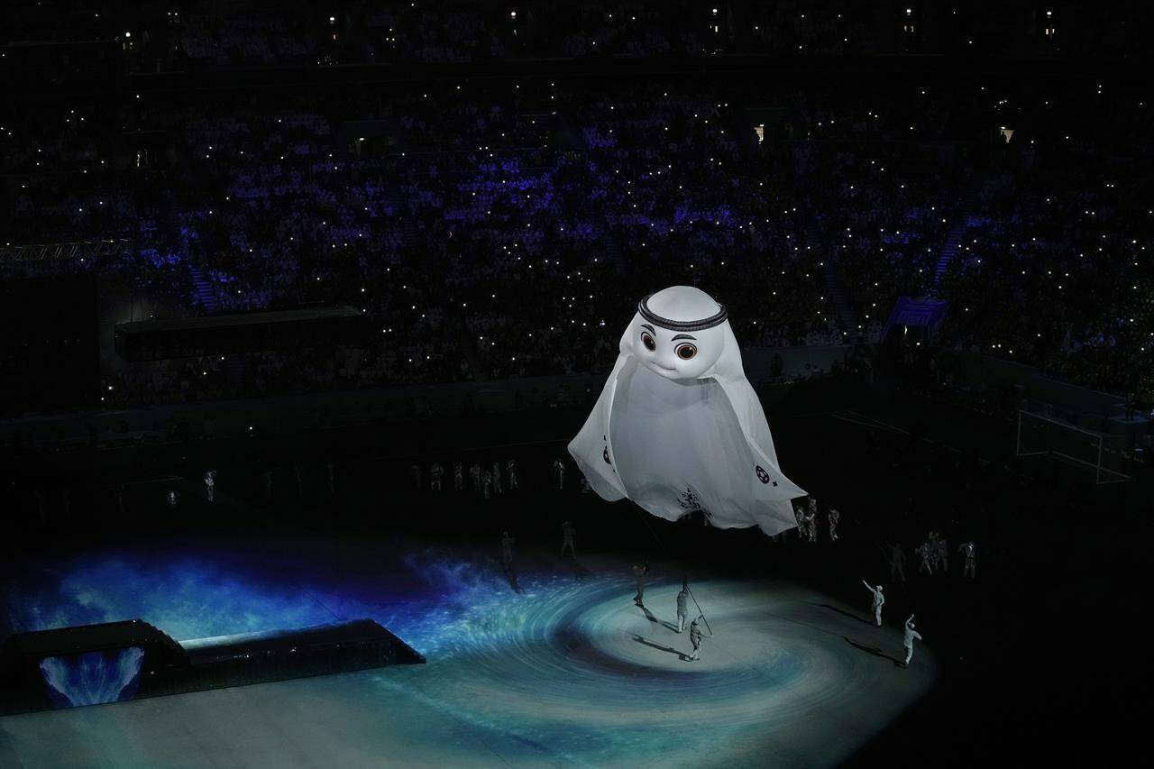 The mascot of the Qatar World Cup is displayed during the opening ceremony, prior to the group A soccer match between Qatar and Ecuador at the Al Bayt Stadium in Al Khor, Qatar, Sunday, Nov. 20, 2022. THE CANADIAN PRESS/AP-Hassan Ammar