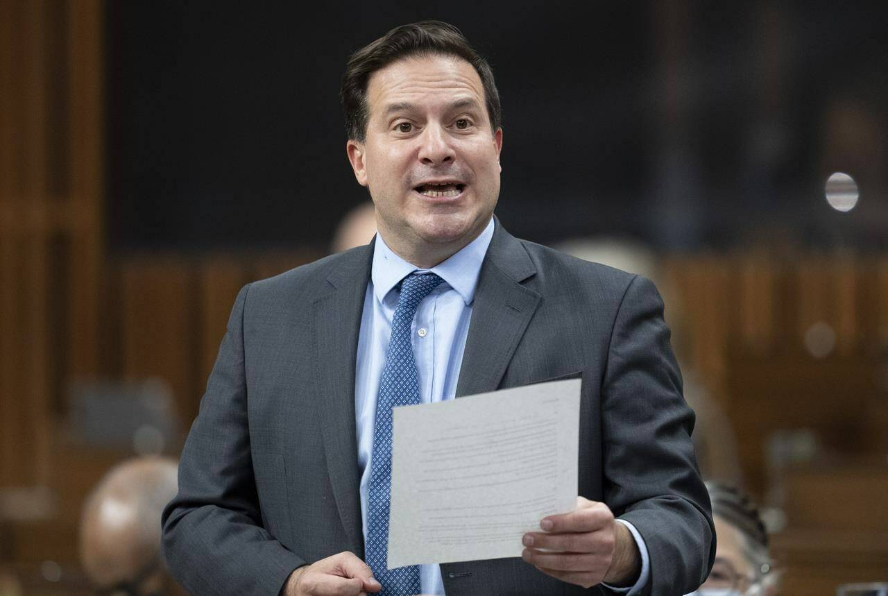 Public Safety Minister Marco Mendicino rises during Question Period, in Ottawa, Monday, Nov. 21, 2022. Top government ministers will continue testifying today at the Public Order Emergency Commission, which has already heard from more than 60 witnesses over five weeks on the federal government’s response to last winter’s “Freedom Convoy” protests. THE CANADIAN PRESS/Adrian Wyld