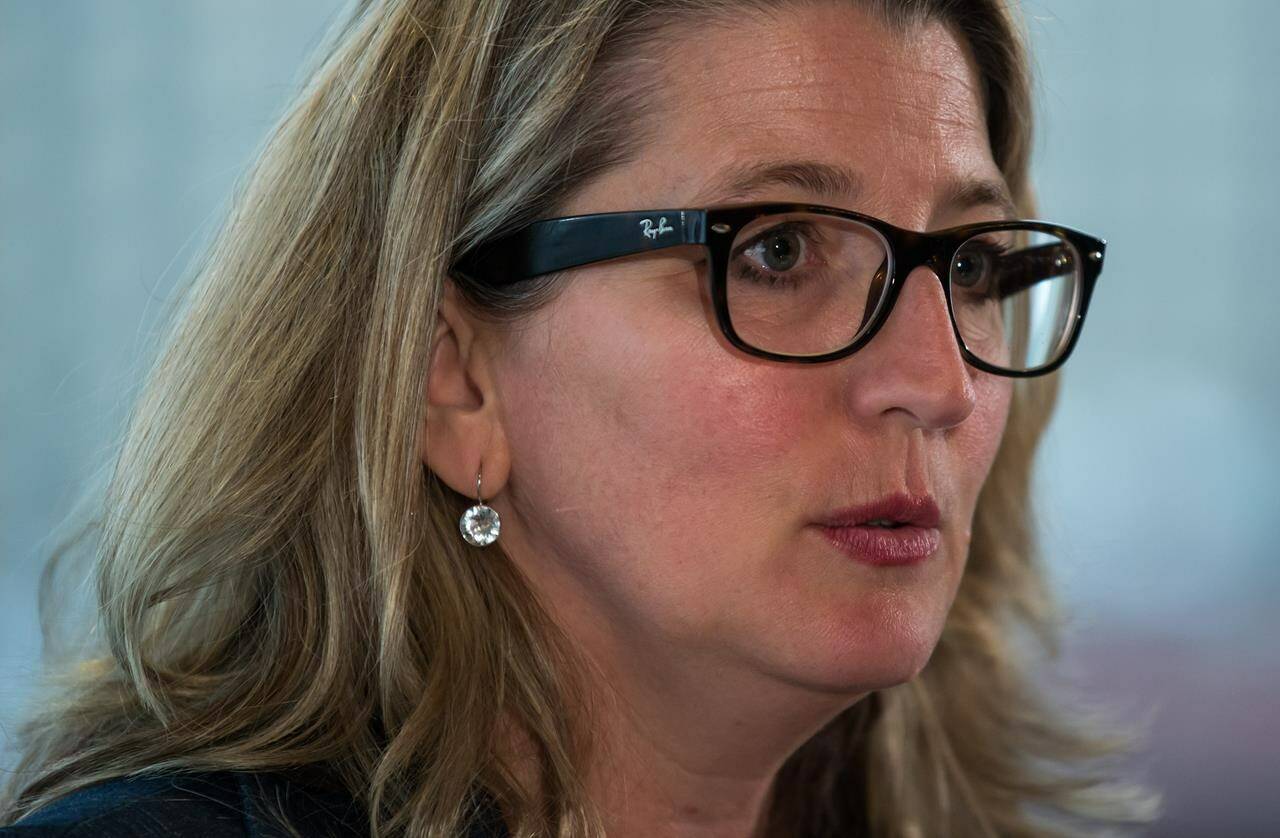 B.C. Minister of Agriculture Lana Popham speaks during a news conference, in Vancouver, on Friday July 5, 2019. Farmers in British Columbia’s Fraser Valley are facing “intense disease pressure,” with an avian flu outbreak in commercial farms that the agriculture minister says is concerning. THE CANADIAN PRESS/Darryl Dyck