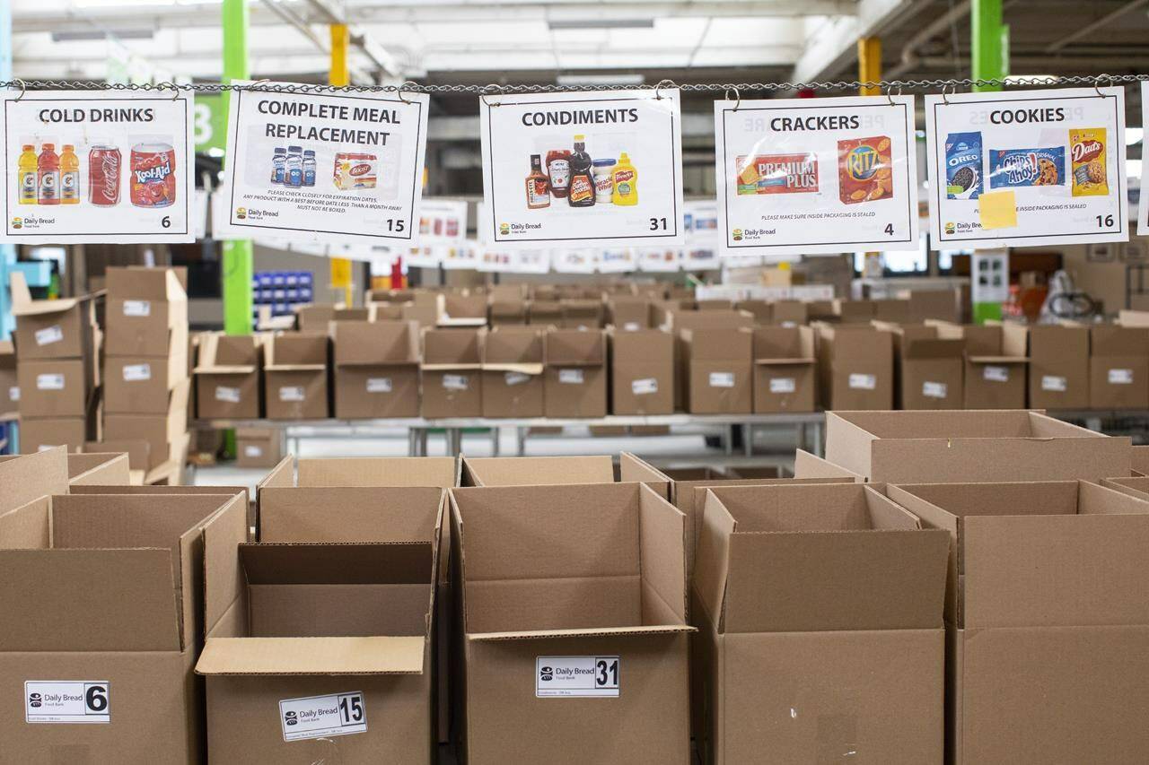 Boxes wait to be filled with provisions at The Daily Bread Food Bank warehouse in Toronto on Wednesday March 18, 2020. Canadian food insecurity researchers say holiday appeals for people to donate to their local food banks can be tough swallow. THE CANADIAN PRESS/Chris Young