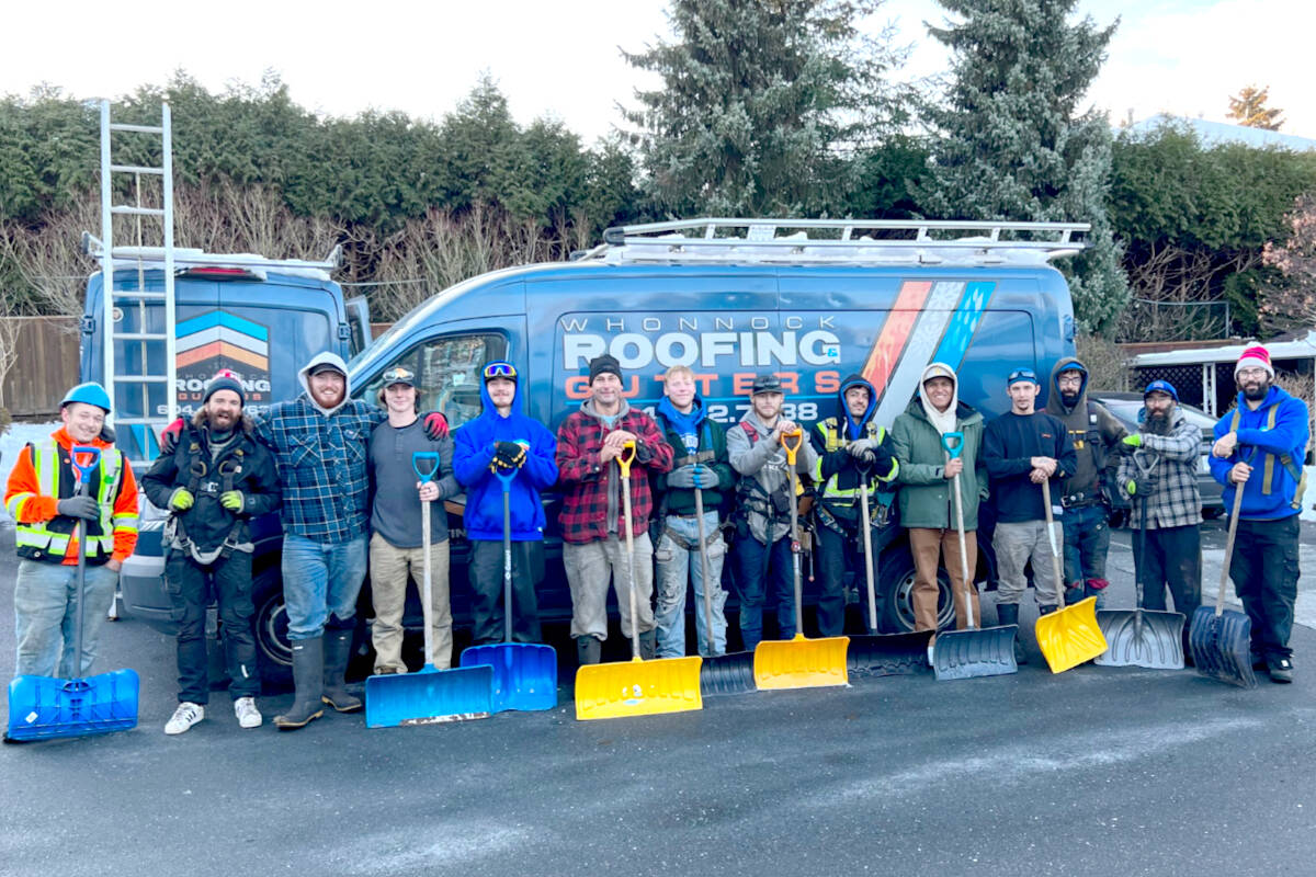 14 members of Whonnock Roofing and Gutters shovelled walks on Nov. 30 for donations to the family of Savanna Gervais. (Clay Gagnon/Special to The News)