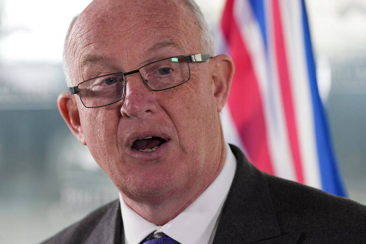 B.C. Public Safety Minister Mike Farnworth speaks during a news conference, in Vancouver, B.C., Monday, April 11, 2022. A review of British Columbia’s COVID-19 response says despite being unprepared for the pandemic, the province showed “resilience, balance, and nimbleness” during the emergency.THE CANADIAN PRESS/Darryl Dyck