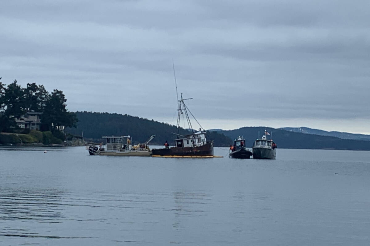 The Maud J is back on the water after the Canadian Coast Guard hired a salvage company to recover the vessel from Roberts Bay, where most of the vessel sank Nov. 29. Crews refloated the vessel early Monday afternoon. (Wolf Depner/News Staff)