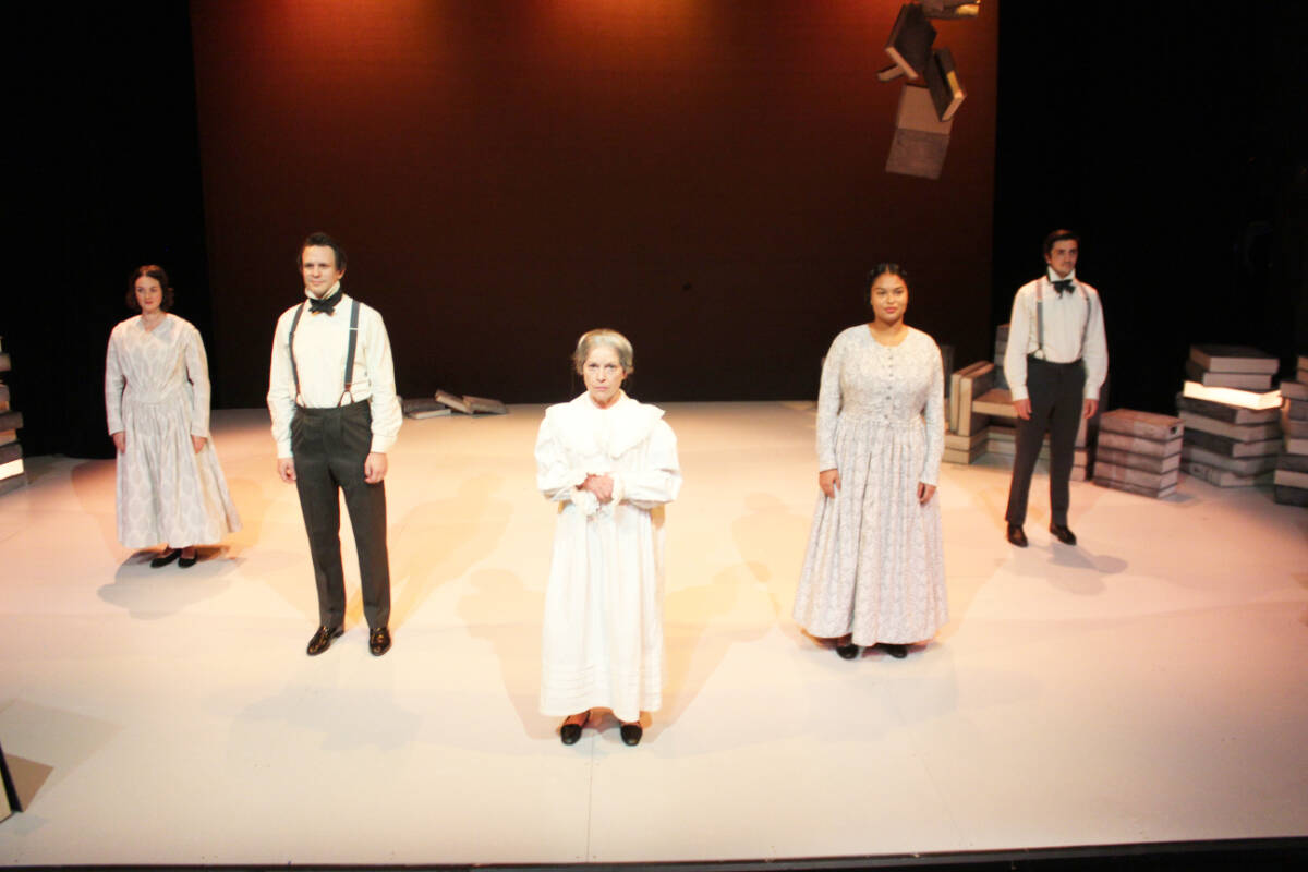 The cast of five in A Tiny Christmas Carol. From left: Emma Slipp, Jay Clift, Louise Phillips, Yasmin D’Oshun and Stephen Thakkar. (Photo by Don Bodger)