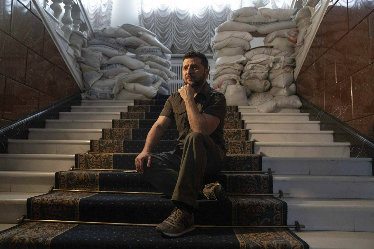 FILE - Ukrainian President Volodymyr Zelenskyy speaks during an interview with The Associated Press in his office in Kyiv, Ukraine, on April 9, 2022. Time Magazine on Wednesday Dec. 7, 2022 named Zelenskyy its person of the year, awarding him the accolade “for proving that courage can be as contagious as fear.” (AP Photo/Evgeniy Maloletka, File)