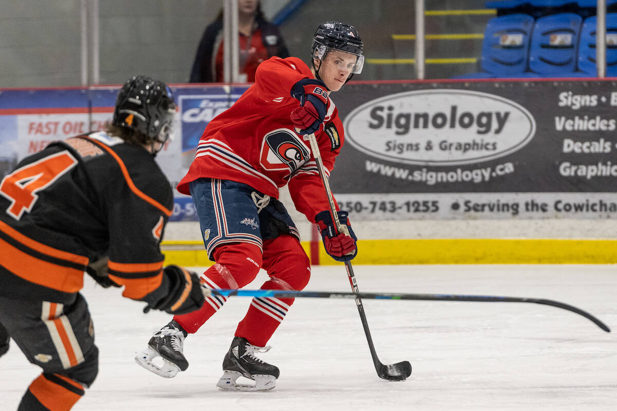 Cowichan’s Aaron Brown pushed the puck up the ice at a recent home game against the Nanaimo Clippers. Brown was named to the Team West roster for the BC Hockey League’s 2023 Top Prospects Game Friday, Jan. 20 at the South Okanagan Events Centre in Penticton.(Todd Blumel photo)