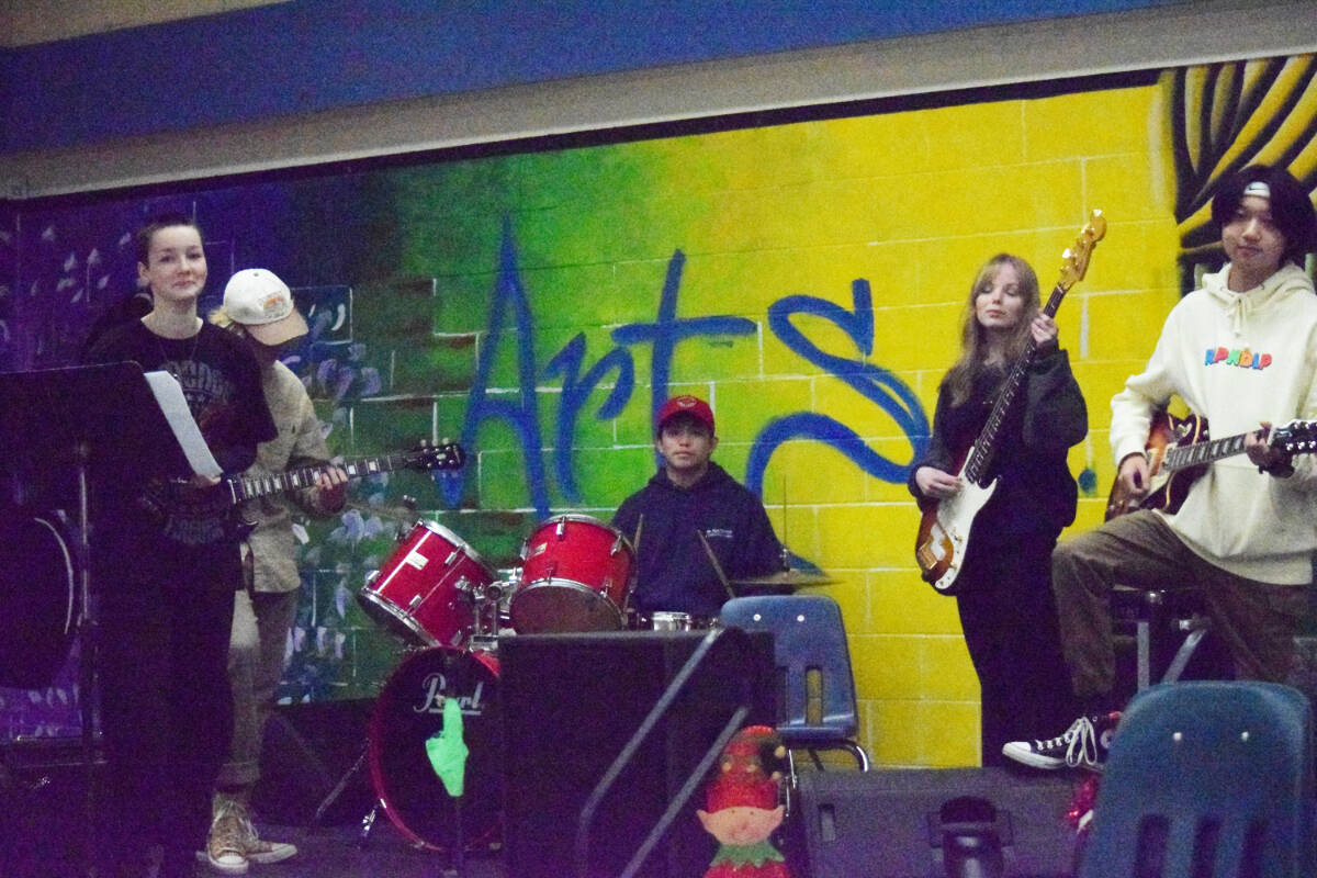 From left to right, Grace Lelliot, her brother Griffin, AJ Lontayao, Kaylin Lagos and Roger Shi only met in Joe Shields' Basic guitar Class in September. Photo Edward Hitchins/Campbell River Mirror