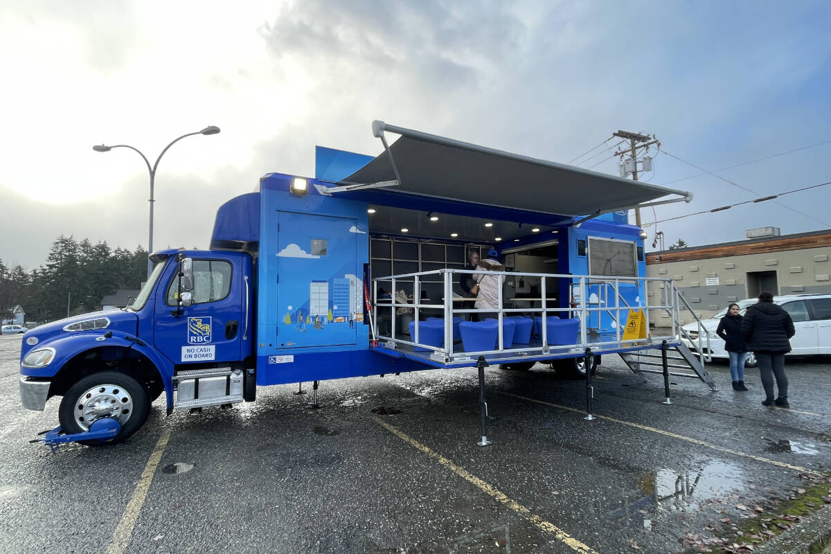 The RBC Mobile Bank, which includes seating for customer service as well as an ATM at the back of the truck, has been set up in Port Alberni after a fire forced temporary closure of the RBC Royal Bank on Third Avenue. (SUSAN QUINN/ Alberni Valley News)