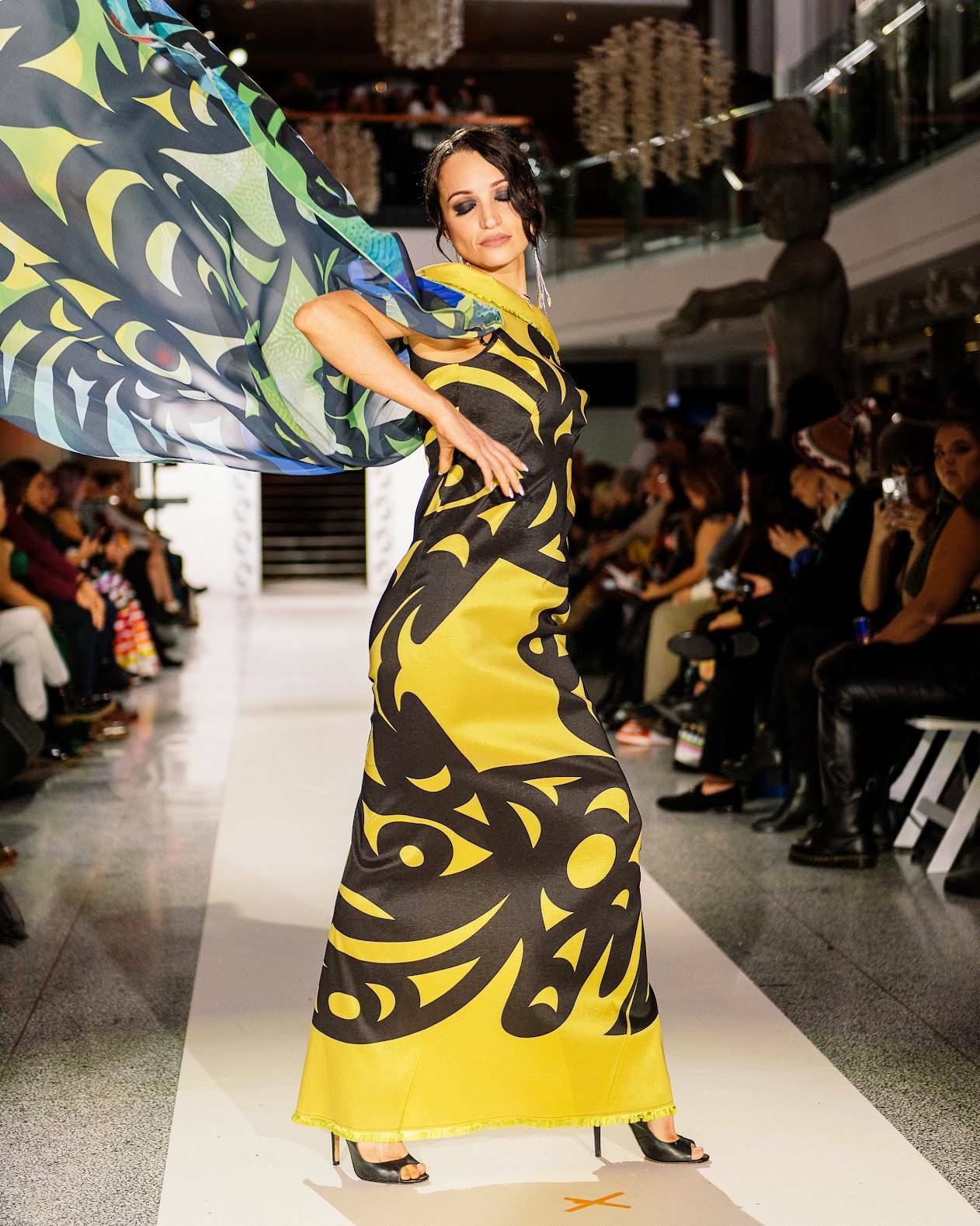 Shenandoah McSporran with Supernaturals Modelling showcases an Ay Lelum Transformation design couture garment at Vancouver Indigenous Fashion Week on Dec. 1. (Photo by Alana Paterson)
