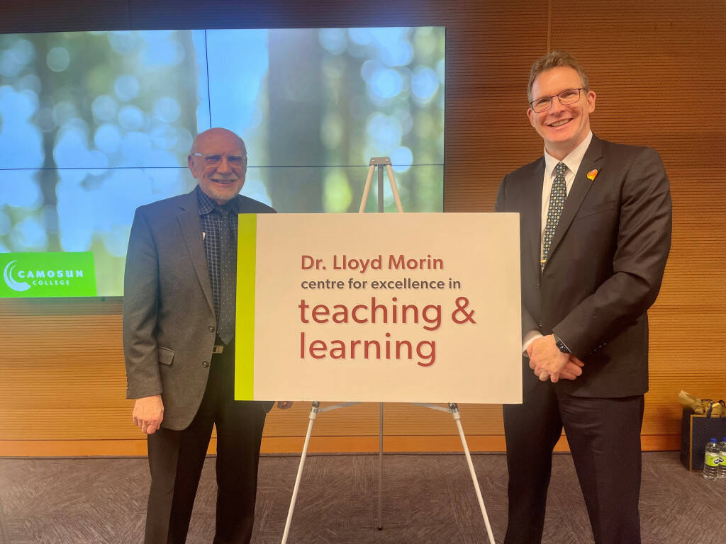 Guests at a renaming ceremony for new Dr. Lloyd Morin Centre for Excellence in Teaching and Learning included president Lane Trotter. Morin served as the college’s second president in 1978 and is the only surviving member of the original administration council. (Courtesy of Camosun College)