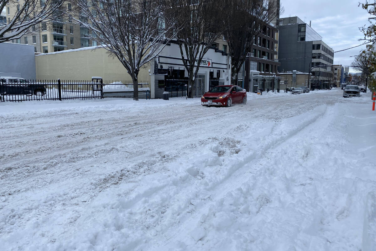 Roads remain snowy and slick in downtown Victoria on Tuesday (Dec. 20). (Justin Samanski-Langille/News Staff)
