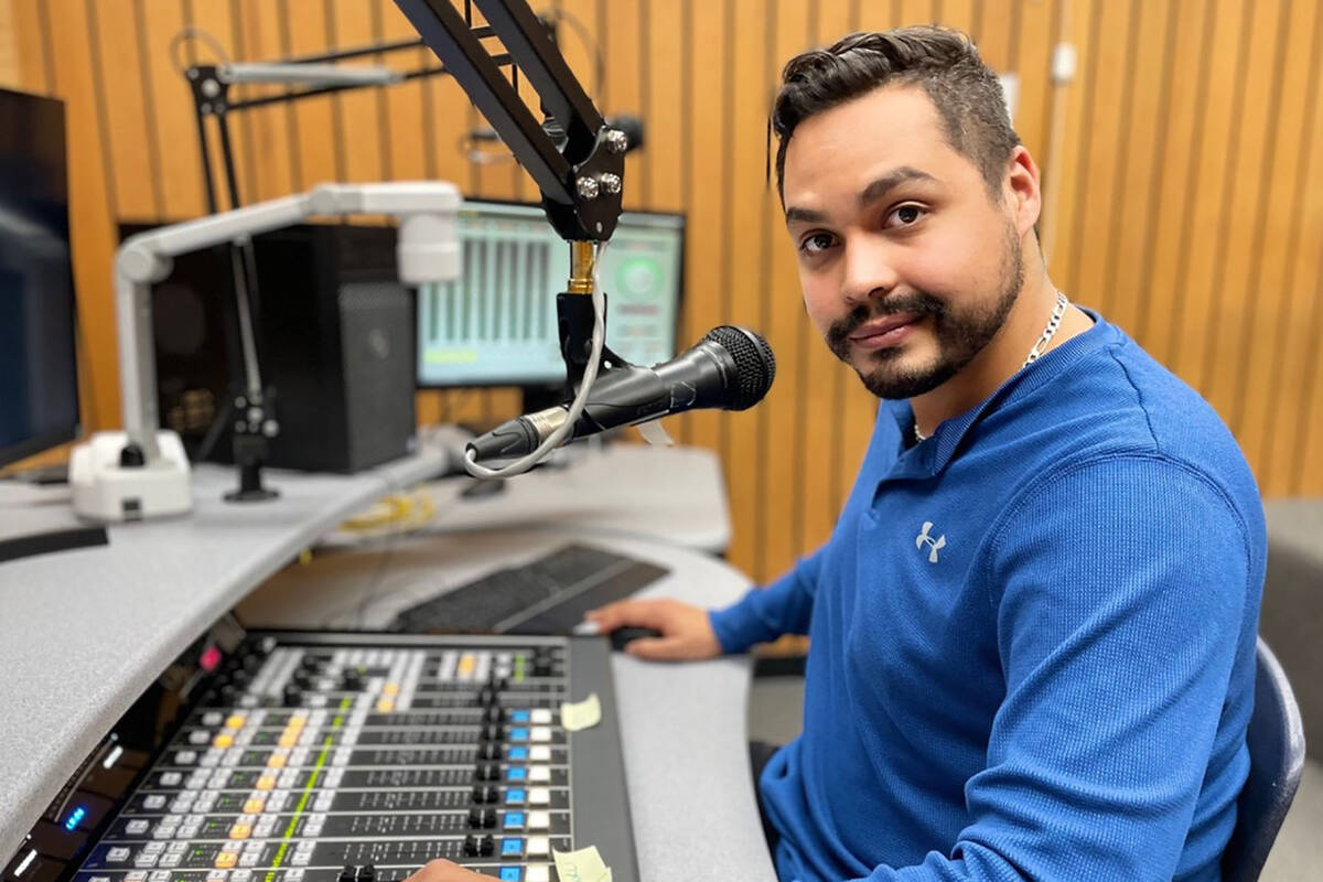 Tchadas Leo works on a project at the B.C. Institute of Technology’s broadcasting centre. The Ladysmith podcaster and TV host recently won a national award for his show Our Native Land. (Photo submitted)