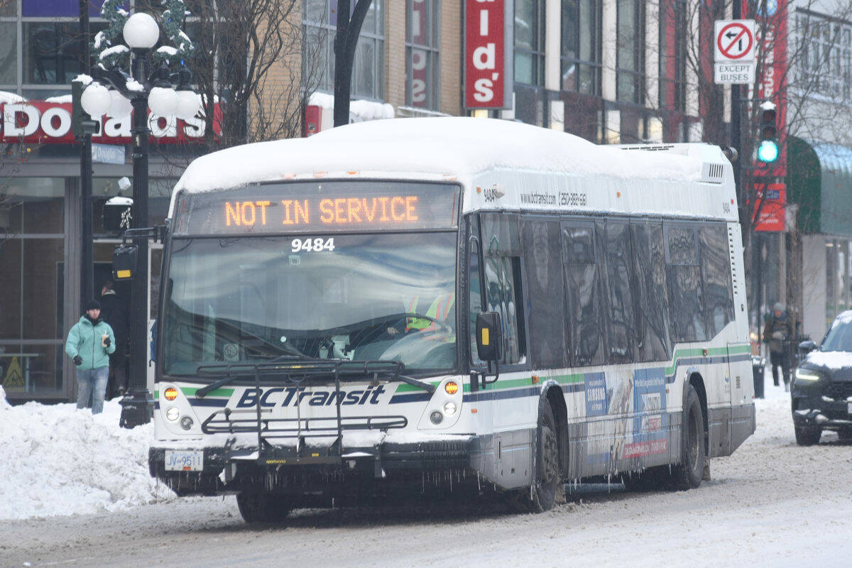 Buses are running on some routes, but not adhereing to a schedule as poor road conditions continue to plague Greater Victoria. (Don Denton/Black Press Media)